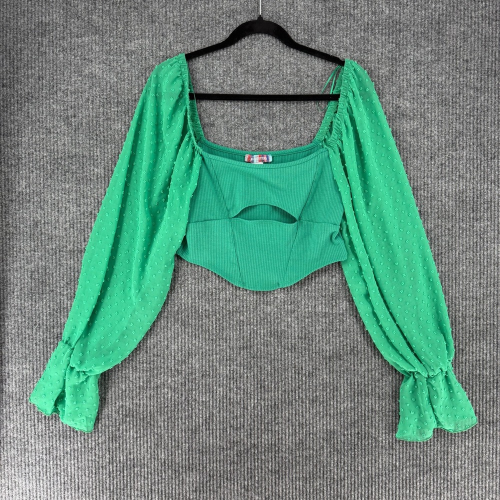 Urban Outfitters Green Corset Top Swiss Dot Balloon Sleeve Cutout Ribbed Large